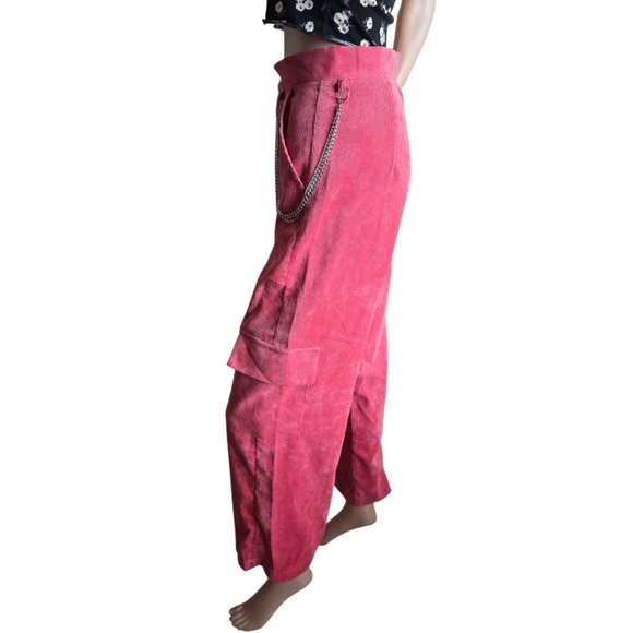 Women's Pink Corduroy High-Rise Flared Leg Silver Chain Detail Cargo Pants - Picture 10 of 16